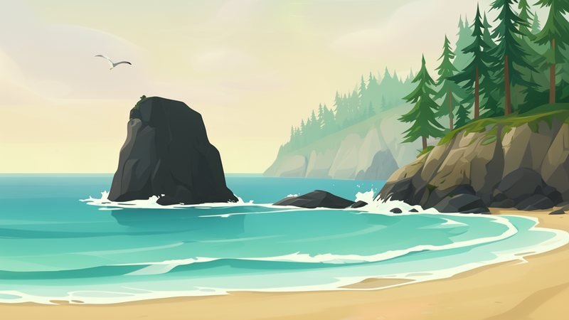 Illustrated beach with a sea stack, turquoise waves and a forested headland