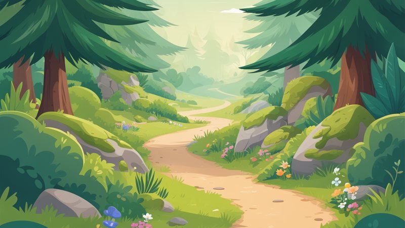 Illustrated forest trail winding through pine trees, mossy rocks and wildflowers